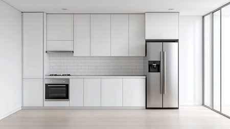 Minimalist kitchen with white cabinets, stainless steel appliances, and a blank wall with plenty of copy space. The design is uncluttered and spacious.の素材