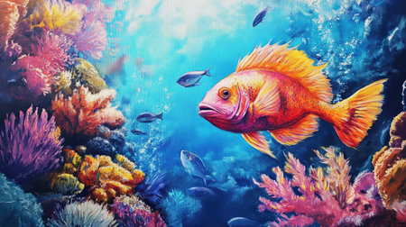 Bright and colorful sea fish navigating through the vibrant coral reefs, capturing the essence of underwater lifeの素材