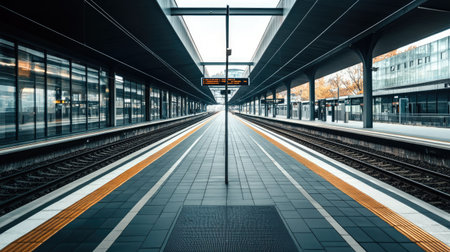 An empty railway platform with a clean, modern train station backdrop. The unobstructed space around the platform provides ample room for adding text.の素材