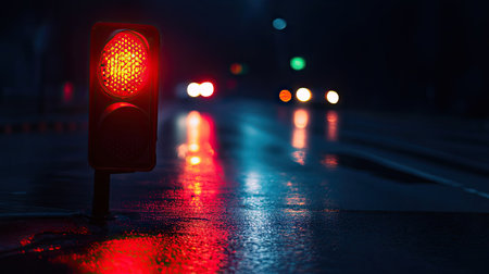 Nighttime traffic light glowing red, with a dark, empty street and space for copy. The light reflects off the road, creating a moody scene.の素材