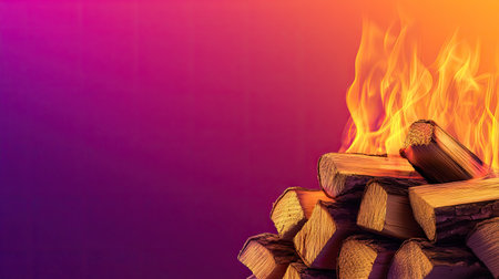 Intense flames leaping from a firewood stack against a gradient background. The contrast between the fire and empty space creates a bold visual.の素材