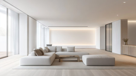 Minimalist studio apartment with light-toned furniture and large, empty walls offering ample copy space. The design is open and uncluttered. -の素材