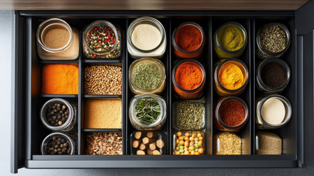 An overhead view of a spice drawer with neatly arranged jars and clear, open space around them. The ample space provides room for easy text placementの素材