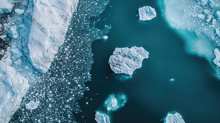 An aerial view of melting glaciers with large open areas of sea and sky. The contrast between ice and open space is ideal for text on climate change.の素材