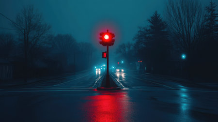Nighttime traffic light glowing red, with a dark, empty street and space for copy. The light reflects off the road, creating a moody scene.の素材