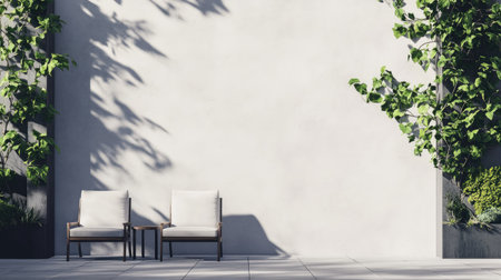 Outdoor seating area with a modern house exterior and blank wall, offering plenty of space for text. Simple, clean lines and greenery create a refreshing scene.の素材