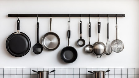 Pots and pans hanging on a kitchen wall, with empty space above for copy. The modern, organized kitchen highlights professional-grade toolsの素材