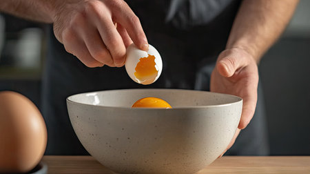Person cracking an egg into a mixing bowl with blank space for text. The scene focuses on the early steps of a recipe, perfect for cooking tutorials.の素材