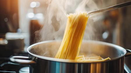 Pasta boiling in a pot on the stove, with steam rising and room for copy. The clean, modern kitchen setup is ideal for Italian cooking themes.の素材
