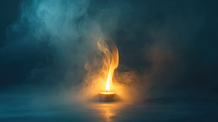 Smoke emerging from a small flame with a clean, unobstructed background. The swirling patterns of smoke create a dramatic effect with open space for copy.の素材