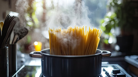 Pasta boiling in a pot on the stove, with steam rising and room for copy. The clean, modern kitchen setup is ideal for Italian cooking themes.の素材