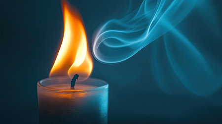 Smoke emerging from a small flame with a clean, unobstructed background. The swirling patterns of smoke create a dramatic effect with open space for copy.の素材