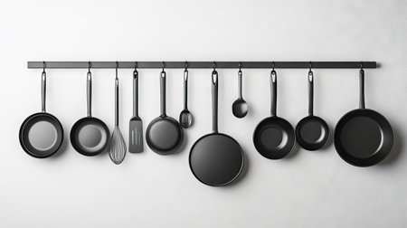 Pots and pans hanging on a kitchen wall, with empty space above for copy. The modern, organized kitchen highlights professional-grade toolsの素材