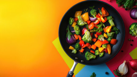 Sizzling vegetables in a frying pan with blank space for text on the side. The vibrant colors of the food contrast with the sleek kitchen design.の素材