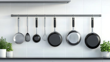 Pots and pans hanging on a kitchen wall, with empty space above for copy. The modern, organized kitchen highlights professional-grade toolsの素材
