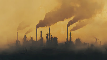 Smoke and pollution from a factory against a hazy sky. The empty space around the pollution and factory creates a dramatic backdrop for copy.の素材