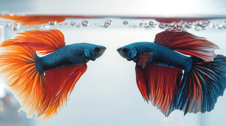 Two betta fish in separate tanks, with the focus on their vivid colors. The clear space around each fish provides a perfect backdrop for copy.の素材