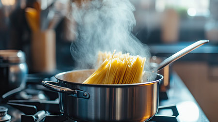 Pasta boiling in a pot on the stove, with steam rising and room for copy. The clean, modern kitchen setup is ideal for Italian cooking themes.の素材