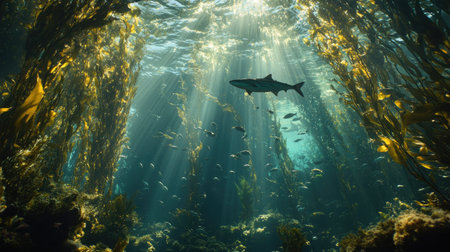 Wide shot of a school of sea fish swimming through a sunlit underwater kelp forest, showcasing natural marine habitatの素材