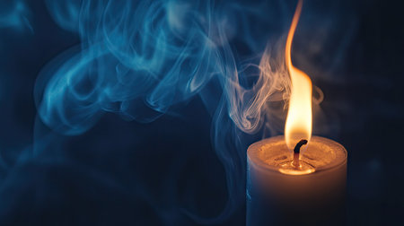 Smoke emerging from a small flame with a clean, unobstructed background. The swirling patterns of smoke create a dramatic effect with open space for copy.の素材