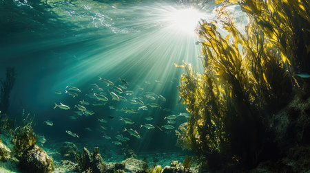 Wide shot of a school of sea fish swimming through a sunlit underwater kelp forest, showcasing natural marine habitatの素材