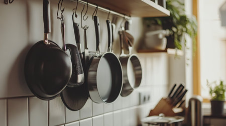 Pots and pans hanging on a kitchen wall, with empty space above for copy. The modern, organized kitchen highlights professional-grade toolsの素材