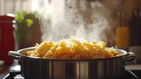 Pot of pasta on the stove, with steam rising and room for text. The simple, modern kitchen scene highlights Italian cooking themes.の素材