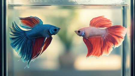 Two betta fish in separate tanks, with the focus on their vivid colors. The clear space around each fish provides a perfect backdrop for copy.の素材