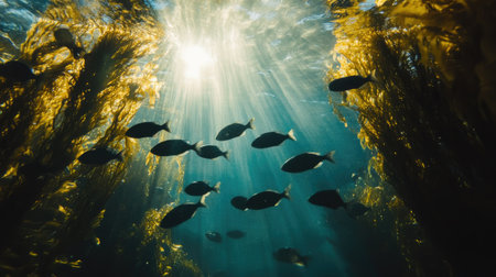 Wide shot of a school of sea fish swimming through a sunlit underwater kelp forest, showcasing natural marine habitatの素材