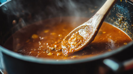 Wooden spoon stirring a pot of curry, with blank space around for text. The rich colors and textures bring out the flavors of global cuisine. -の素材