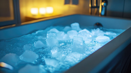 A tranquil bathtub scene filled with cold water and ice cubes, perfect for relaxation and self-care. Ideal for wellness, retreat, and spa imagery.の素材