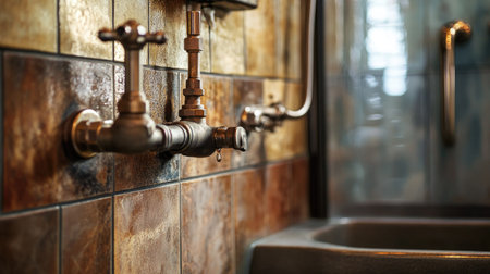 Explore a chic bathroom scene featuring a stylish metal water tap. The elegant tiles and unique fixtures create a warm and inviting atmosphere perfect for modern interiors.の素材