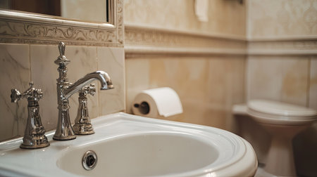A beautifully designed bathroom featuring elegant metal fixtures and a flowing sink, showcasing a blend of luxury and modern comfort in a pristine setting.の素材