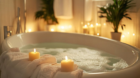 A bright and contemporary bathroom featuring a soothing bath with bubbles, candles, and lush plants, creating a serene and relaxing atmosphere for self-care.の素材