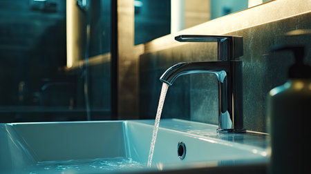 A stylish modern bathroom sink featuring a sleek faucet with running water. The design combines elegance and functionality, enhancing the overall aesthetic of the space.の素材