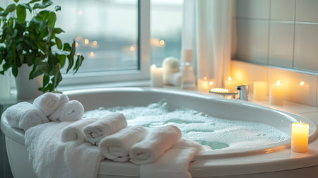 A bright and contemporary bathroom featuring a relaxing tub surrounded by soft towels, soothing candles, and greenery, creating a tranquil atmosphere ideal for self-care and comfort.の素材