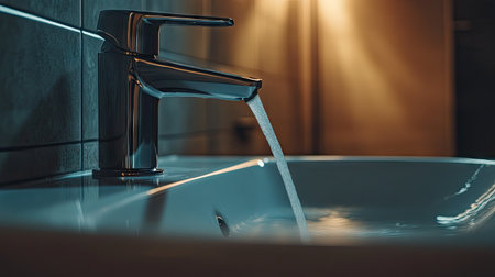 A close-up view of a sleek modern bathroom faucet with flowing water, showcasing contemporary design and serene ambiance, perfect for relaxation and elegance.の素材