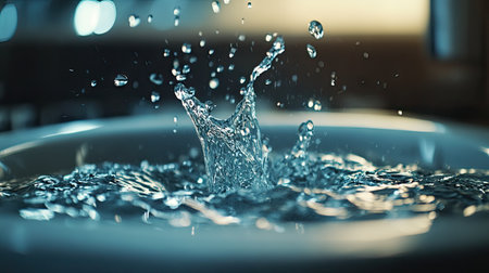 A stunning close-up image capturing a water splash in a bathroom sink, showcasing the beauty of motion and clarity. Perfect for design or editorial use.の素材