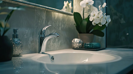 Capture the essence of modern elegance with this beautifully arranged bathroom sink, featuring a sleek faucet, delicate orchids, and subtle decorative accents.の素材