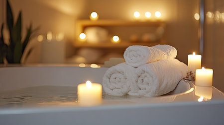 A serene and elegant contemporary bathroom featuring stacked white towels, glowing candles, and soft lighting, perfect for relaxation and comfort.の素材