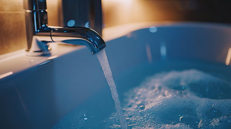 This close-up image captures a polished faucet pouring water into a luxurious bathtub, creating a tranquil atmosphere perfect for relaxation and rejuvenation.の素材