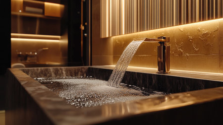 Discover a stunning luxury bathroom featuring a sleek sink and faucet. The modern design highlights elegance and tranquility, perfect for relaxation and aesthetics.の素材