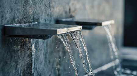 Experience the serene beauty of water cascading from sleek fixtures. This image captures the elegance and tranquility of flowing water, enhancing any space.の素材