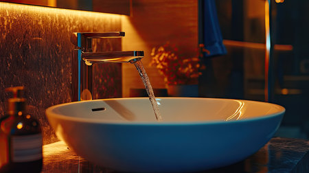 Discover an elegant high-end bathroom scene featuring a modern sink and faucet with flowing water. A serene ambiance enhances the luxurious design with soft lighting and marble surfaces.の素材