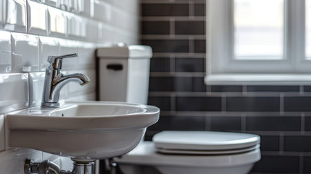 A sleek and modern bathroom featuring a stylish metal faucet and clean lines. The combination of black and white tiles creates a harmonious and elegant atmosphere.の素材