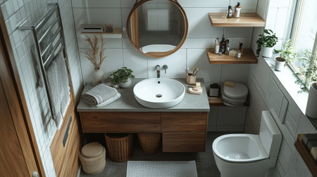 Explore this cozy and functional bathroom design featuring natural materials, clean lines, and soothing decor elements for a relaxing atmosphere.の素材