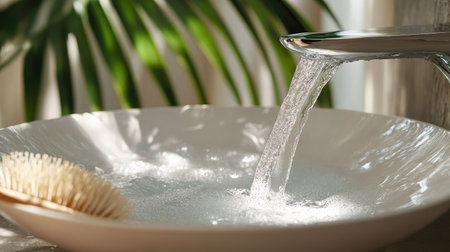 A close-up shot of a sleek chrome faucet pouring water into a smooth bowl, creating a tranquil atmosphere. The reflective surfaces and gentle flow convey freshness and elegance.の素材