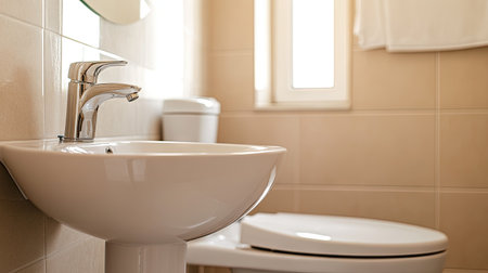Discover a modern bathroom close-up showcasing sleek fixtures, a shiny sink, and a stylish toilet, all bathed in warm natural light for a fresh ambiance.の素材