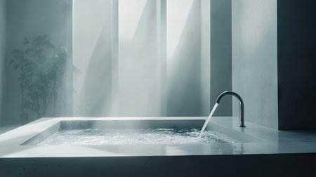 A serene modern bathroom featuring a sleek chrome faucet, flowing water, and minimalistic design. The soft light creates a tranquil ambiance, perfect for relaxation.の素材