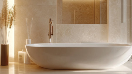 Experience a serene bathroom environment featuring an elegant bathtub and stylish faucet. This modern design reflects luxury and tranquility, perfect for relaxation.の素材